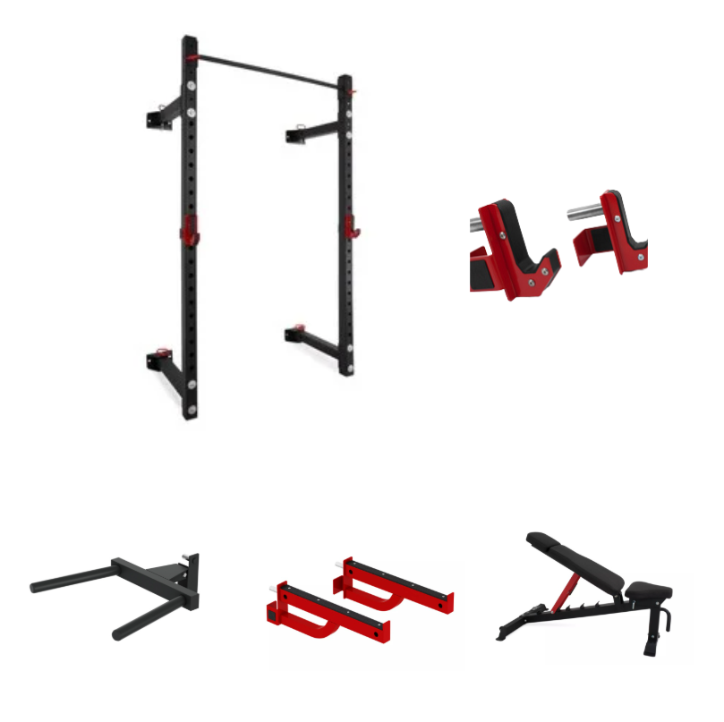 JAULA/RACK DE PARED PLEGABLE DE ALTA RESISTENCIA COMERCIAL PIVOT FITNESS XR6226 CON BANCO Y ACCESORIOS