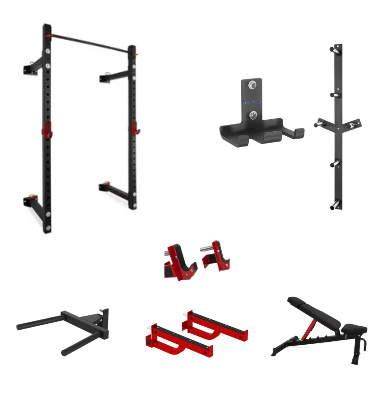 JAULA/RACK DE PARED PLEGABLE DE ALTA RESISTENCIA COMERCIAL PIVOT FITNESS XR6226 CON BANCO Y ACCESORIOS