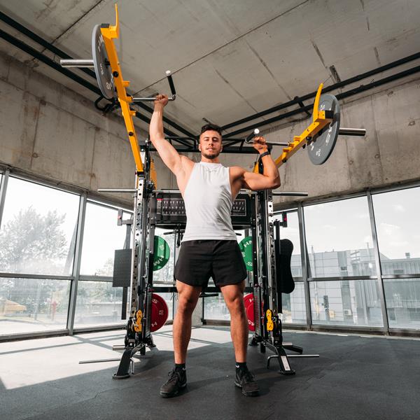 MÁQUINA SMITH MULTIFUNCIONAL CYKLON X HMS, 200KG PESO INCLUIDO, FULL ACCESORIOS