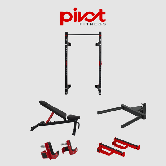 JAULA/RACK DE PARED PLEGABLE DE ALTA RESISTENCIA COMERCIAL PIVOT FITNESS XR6226 CON BANCO Y ACCESORIOS